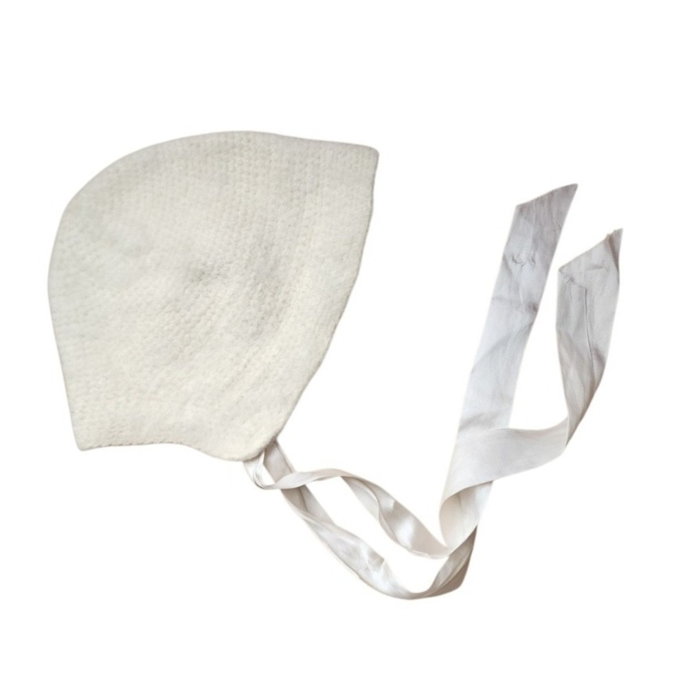 VINTAGE 60s Cream Angora Blend Baby Bonnet with Satin Ribbon Ties Toddler